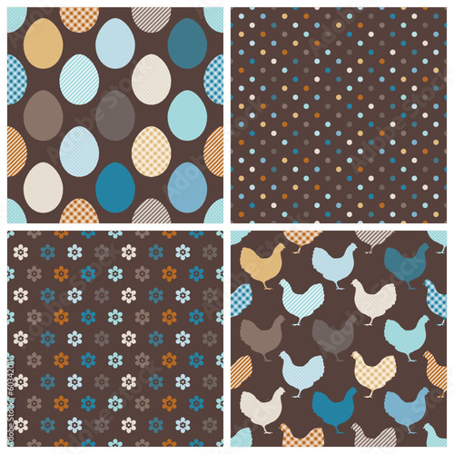 4 Seamless Pattern Easter Egg & Chicken Retro Dark