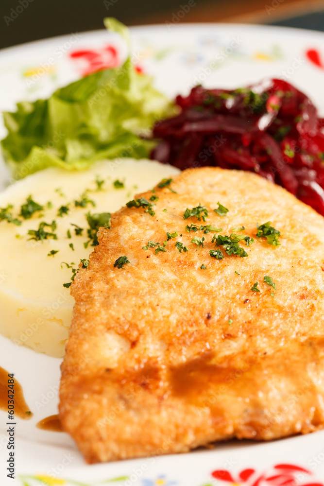 chicken fillet with mashed potato and beetroot salad