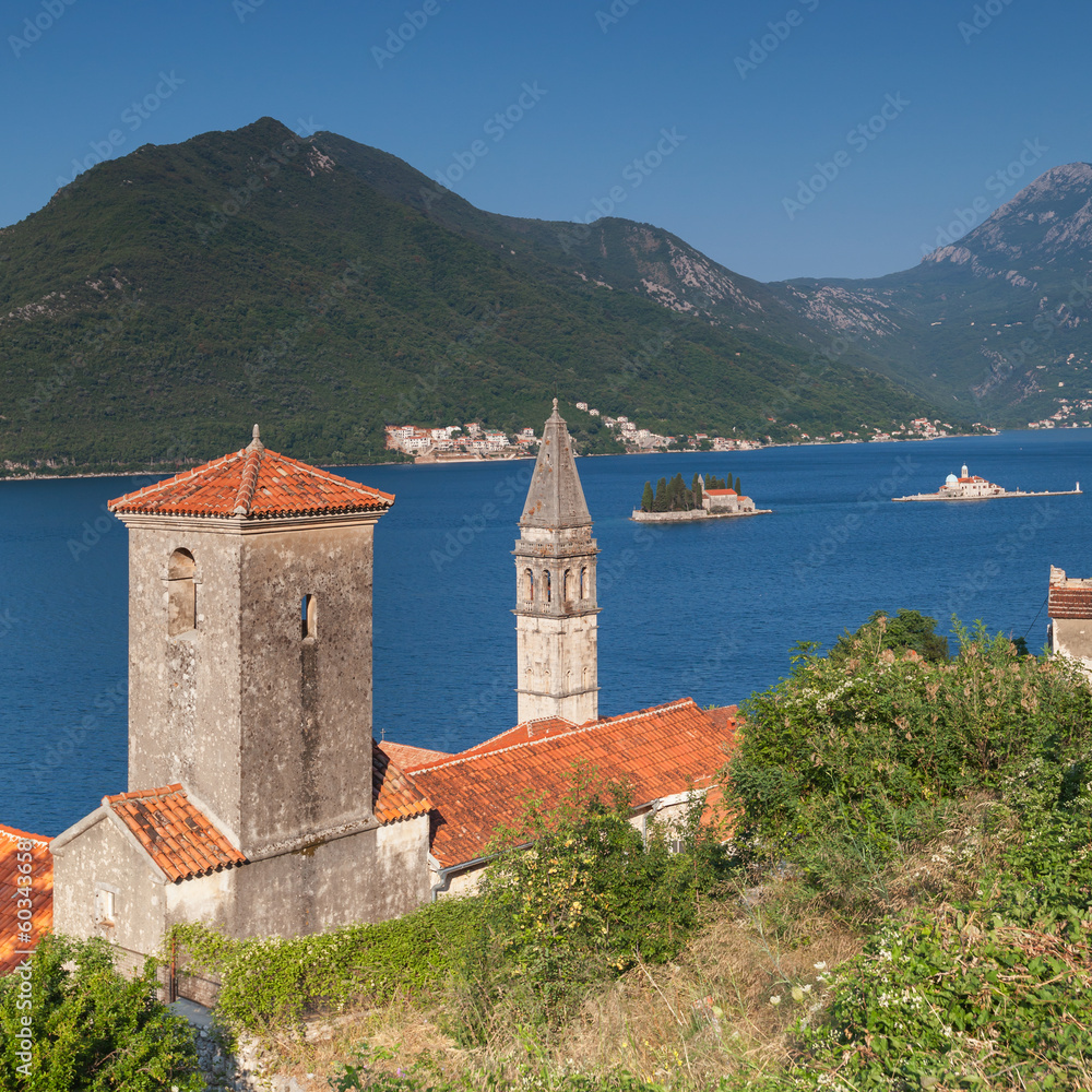 Fototapeta premium Ancient Churches in Perast town. Bay of Kotor, Montenegro