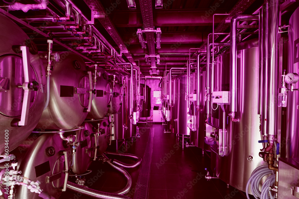 Fototapeta premium Poziome i pionowe zbiorniki w browarze