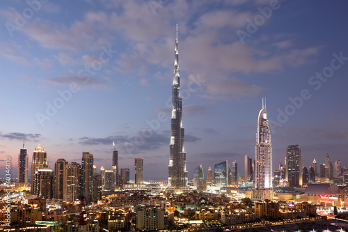Burj Khalifa and Dubai Downtown at dusk. United Arab Emirates