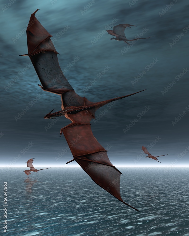 Fototapeta premium Flight of Red Dragons over the Moonlit Sea