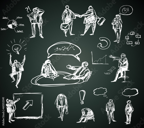 Doodle business people for infographics on blackboard