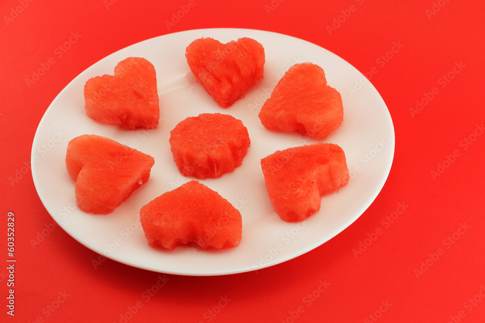 Hearts of watermelon on a plate