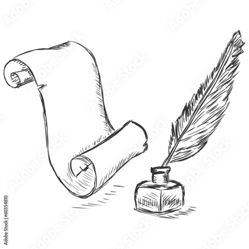 vector sketch illustration - scroll, pen and inkwell