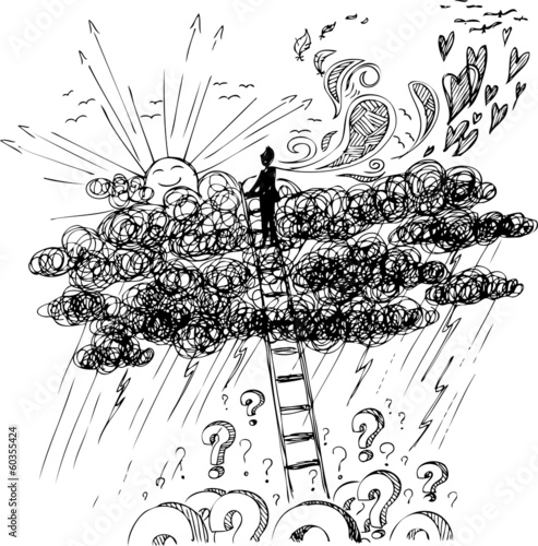 Man reaching the sun with a stair above a storm