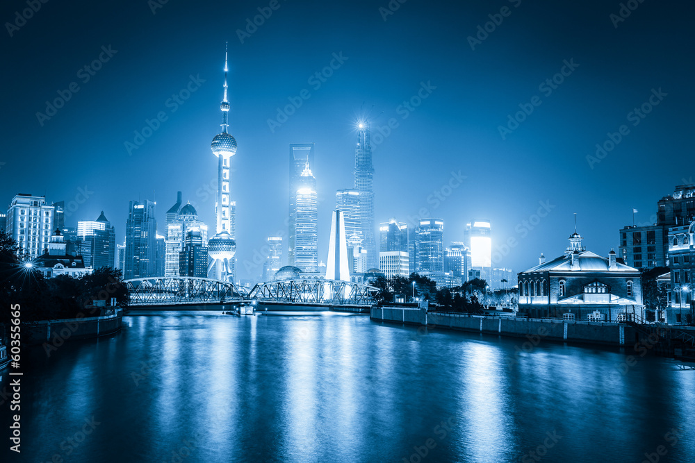 night view of shanghai with blue tone