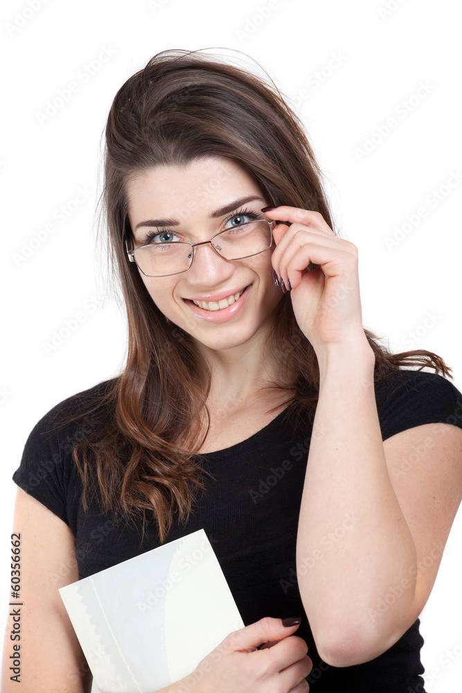 smiling business woman with paper folder, isolated on white smiling business woman with paper folder, isolated on white