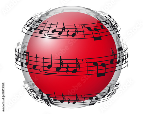 Red ball surrounded by musical notes