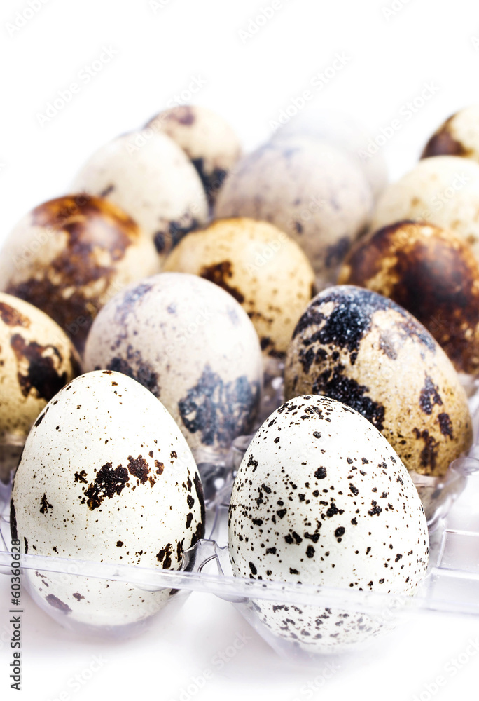 Group of quail eggs in a plastic container, isolated on white b Group of quail eggs in a plastic container, isolated on white b