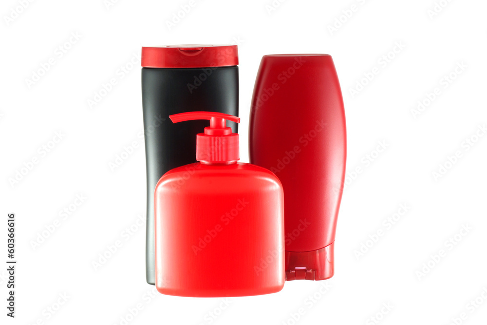 Group of four bottles for hygiene products. Group of four bottles for hygiene products.