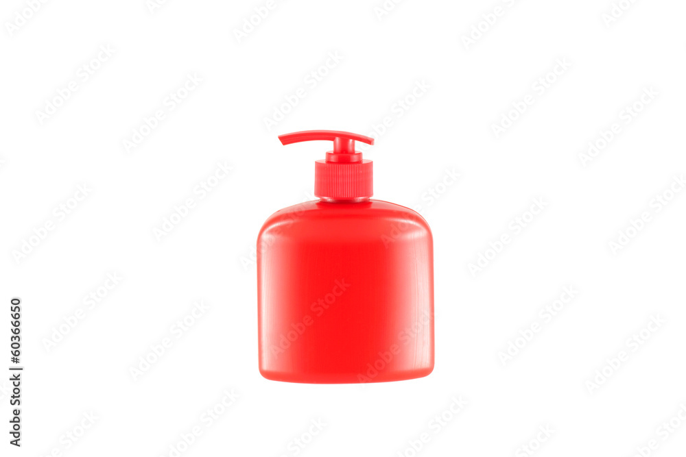 Red bottle for liquid soap from a dispenser. Red bottle for liquid soap from a dispenser.