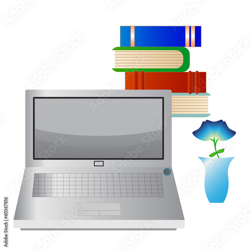 Laptop, Books and Vase