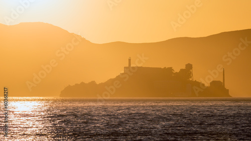 Alcatraz island penitentiary at sunset backlight in san Francisc