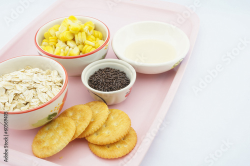 Corn oats chocolate cracker sweetened condensed milk pink tray