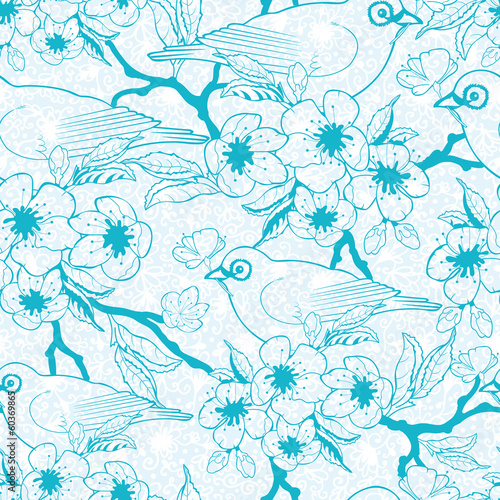 Vector Blue birds with blossoms seamless pattern background with