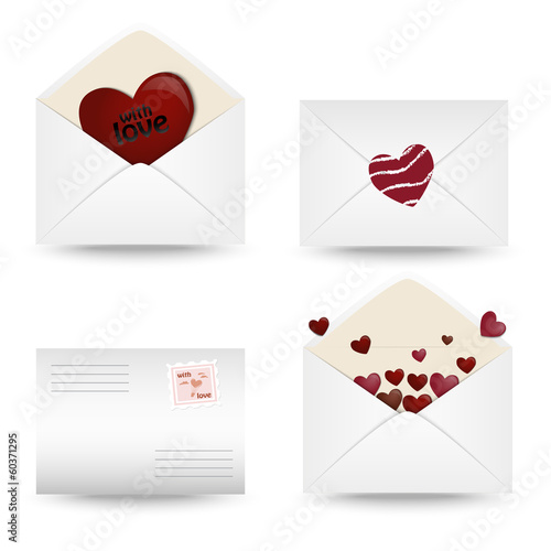 Set of mail icons with hearts on a white background