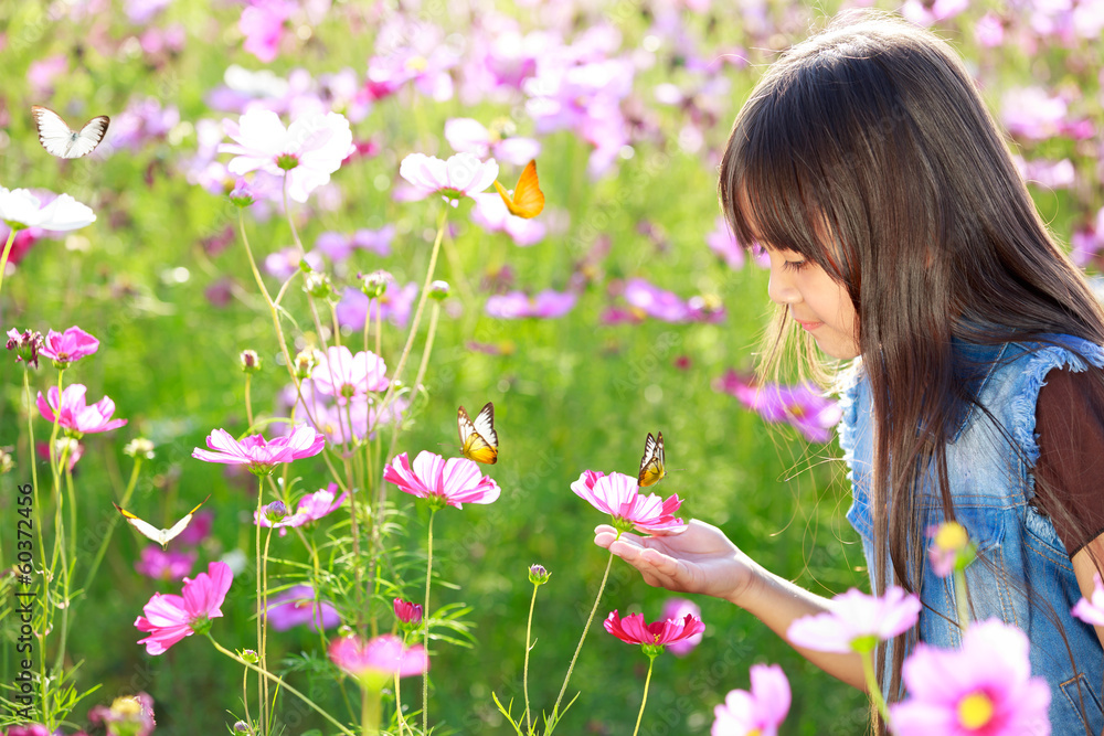 Little asian girl in flower fields