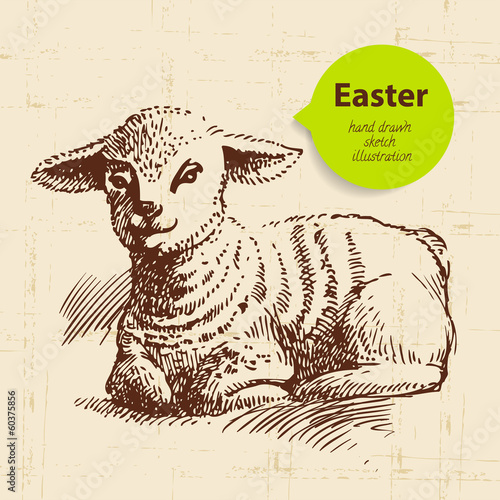 Vintage Easter background with hand drawn sketch illustration an