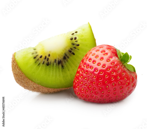Kiwi fruit slice and strawberry isolated on white
