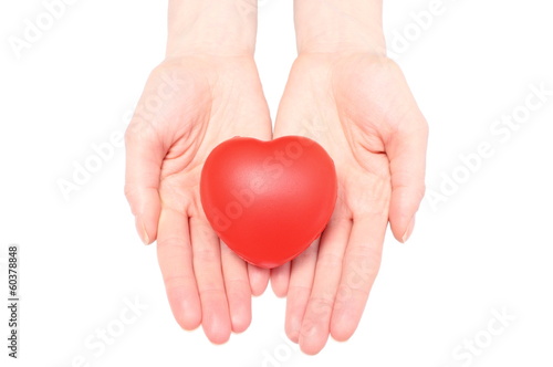 Hands of woman holding red heart. White background