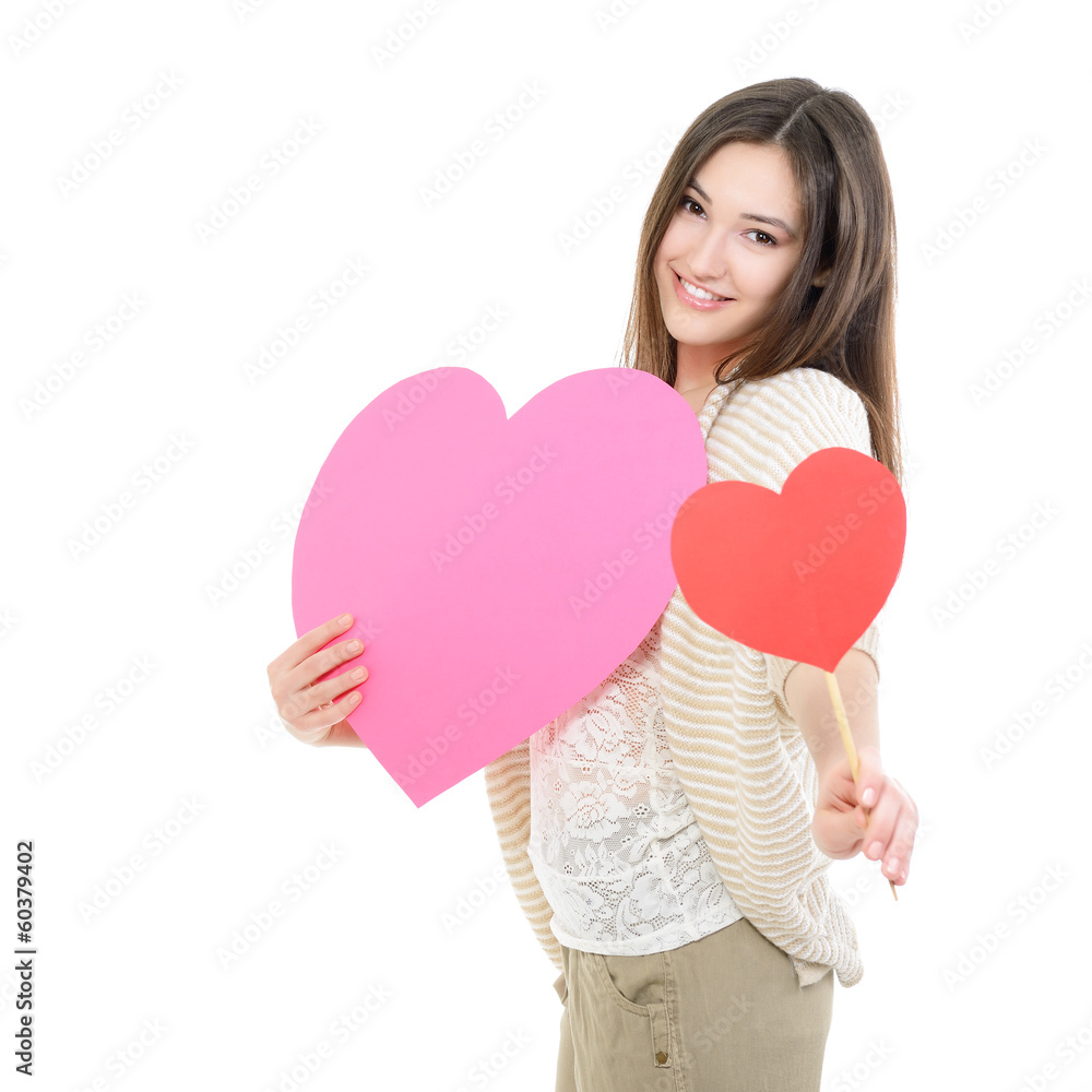 portrait of attractive happy smiling teen girl with red and pink portrait of attractive happy smiling teen girl with red and pink
