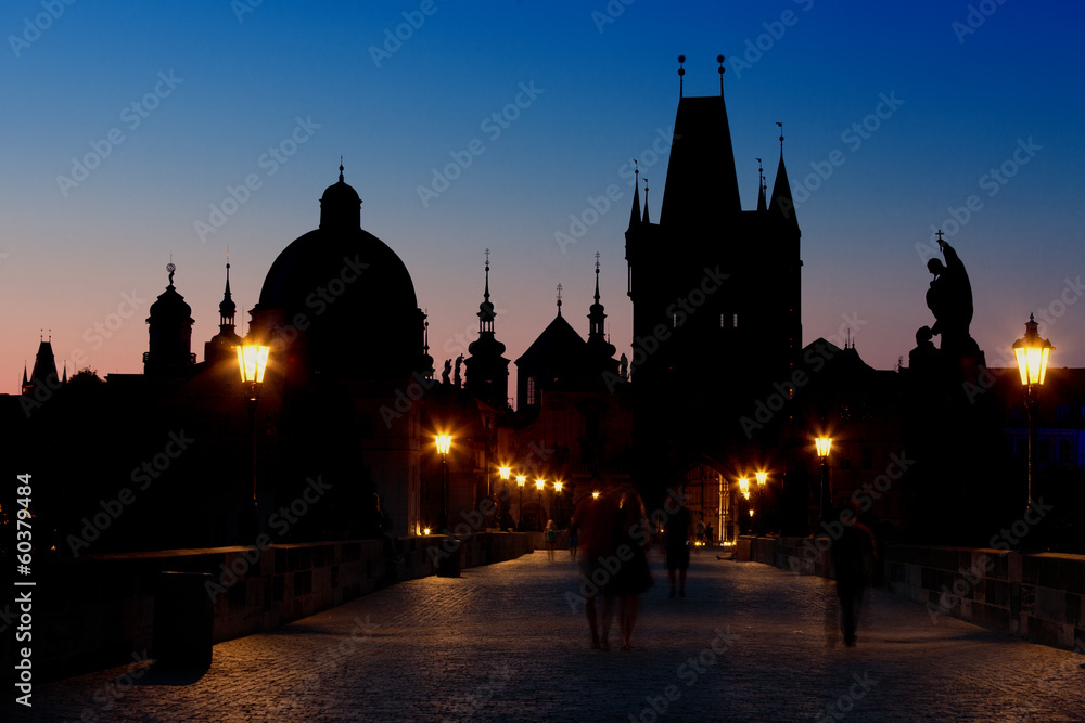 Sunrise on Charles bridge in Prague, the Czech Republic