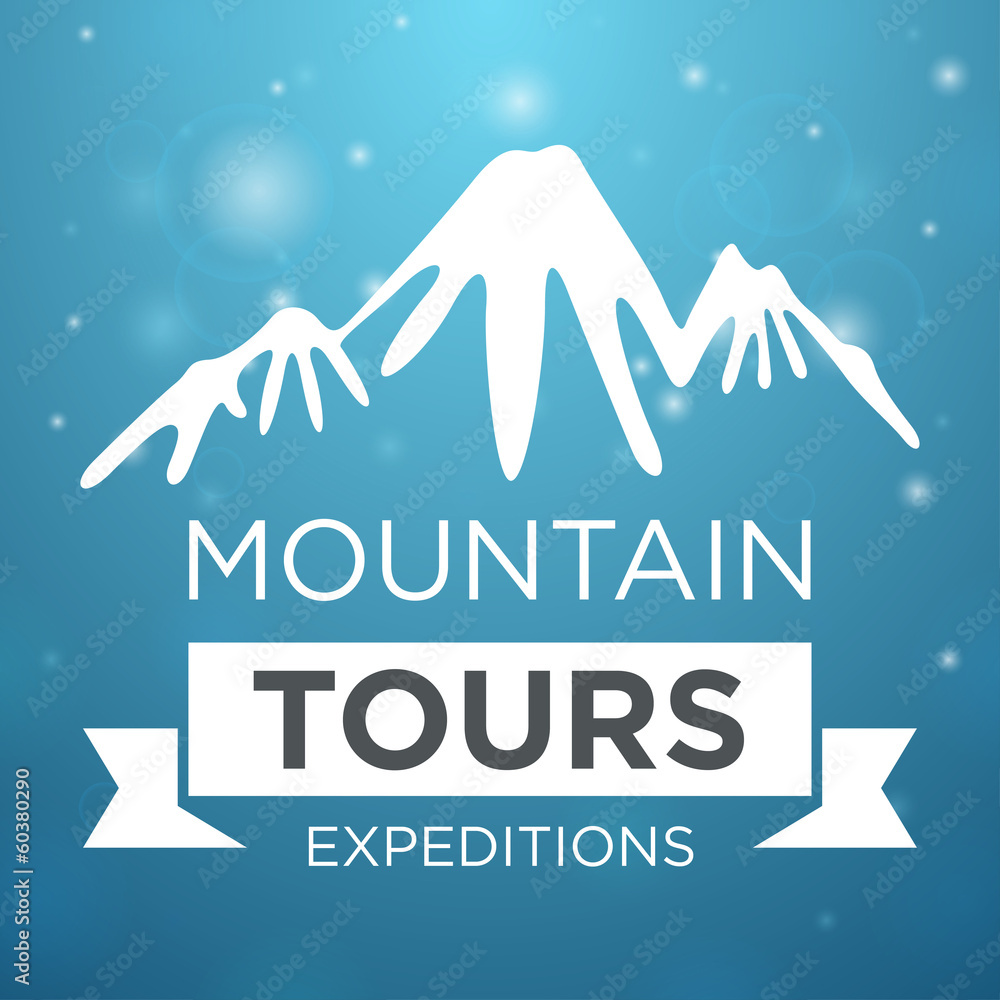 Mountain tours expedition on blue background