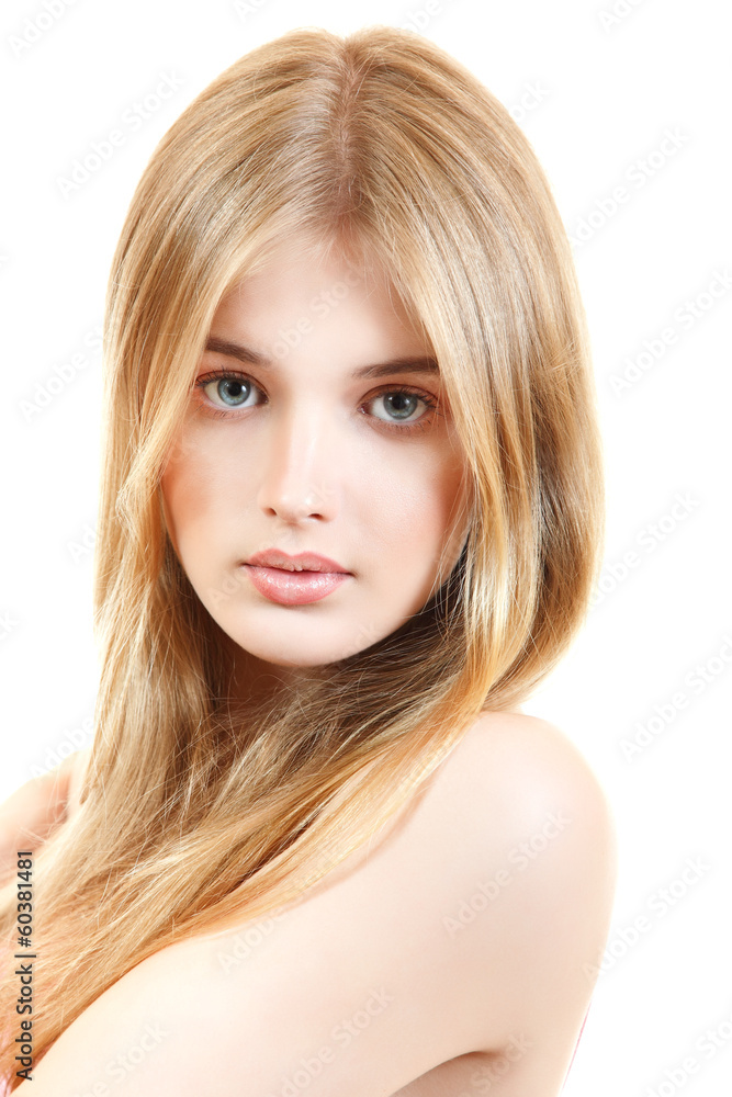 young beautiful woman portrait with long blond hair over white young beautiful woman portrait with long blond hair over white