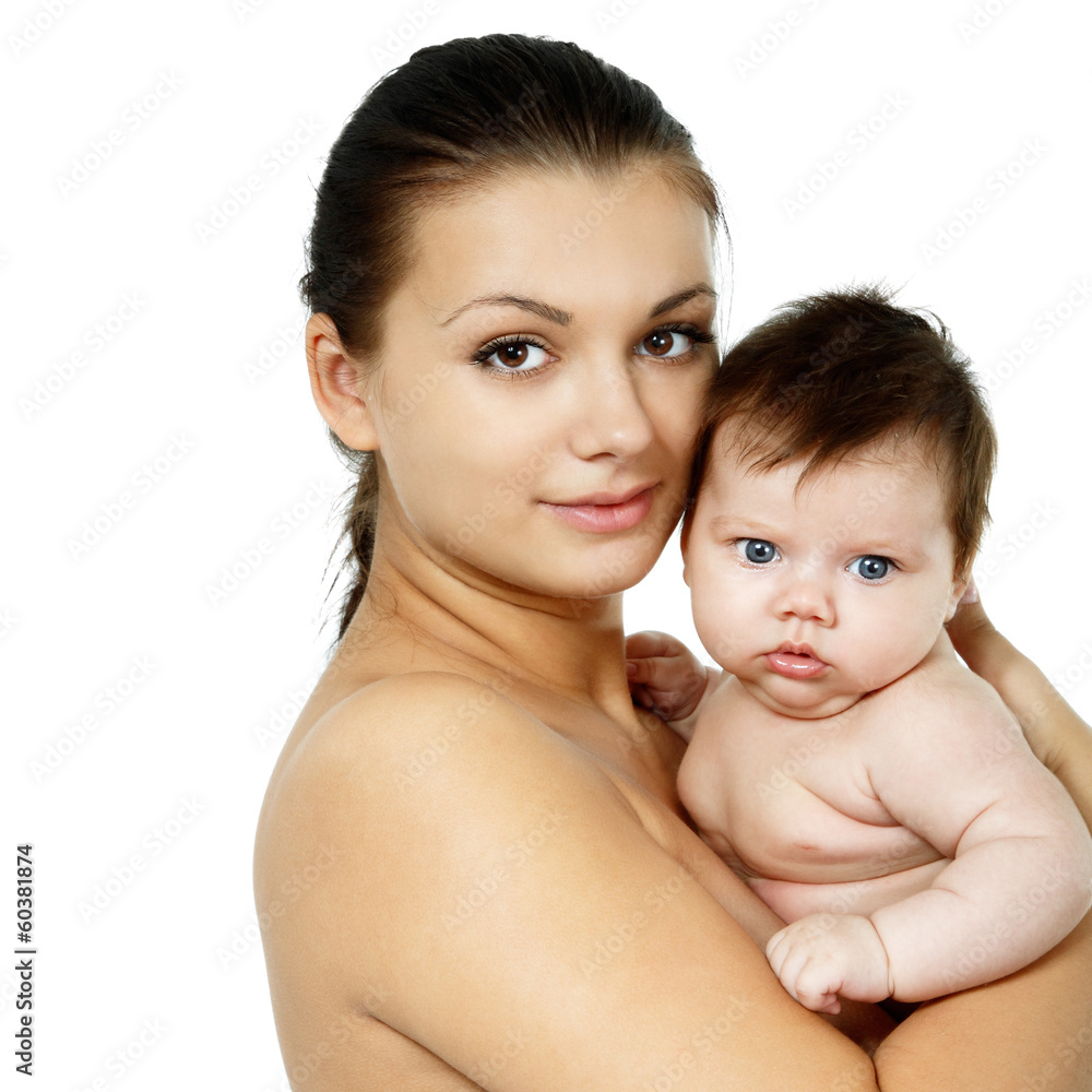 happy young mother with cute baby, isolated on white happy young mother with cute baby, isolated on white