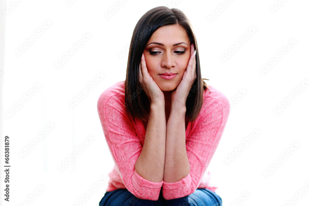 pensive woman isolated a white background pensive woman isolated a white background