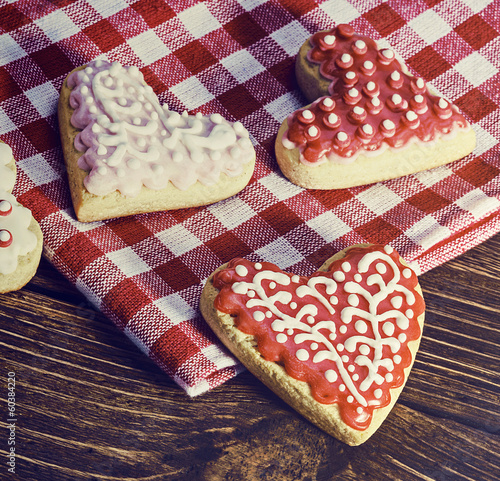 Fototapeta Naklejka Na Ścianę i Meble -  Heart shaped cookies baked Valentine's Day. toned image