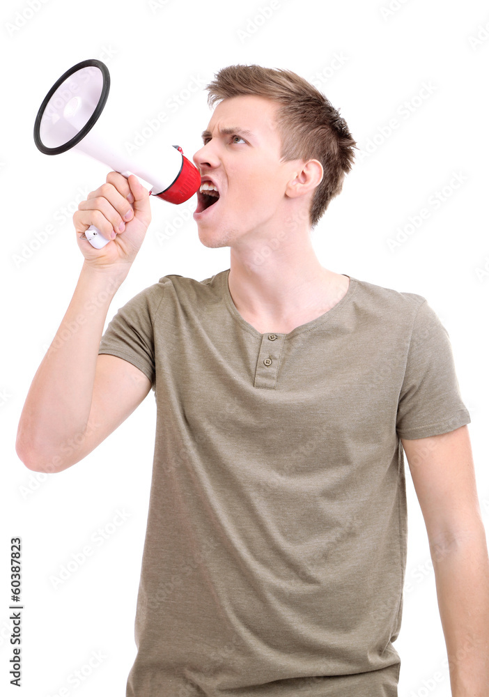 Portrait of young man handsome shouting using megaphone ,