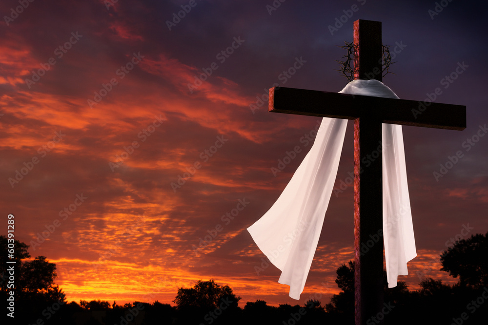 Dramatic Lighting on Christian Easter Cross at Sunrise - obrazy, fototapety, plakaty 