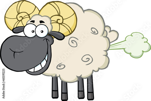 Smiling Black Head Ram Sheep Cartoon Character With Fart Cloud