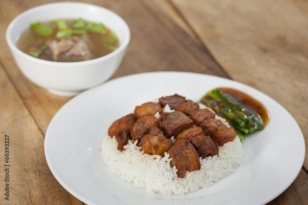 BBQ Pork , fried Ferment pork and Crispy Pork with steam rice