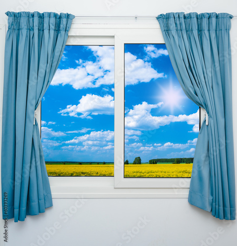 nature landscape with a view through a window with curtains