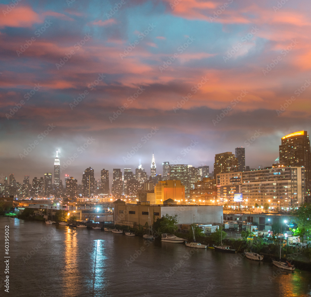 Wonderful night skyline of Manhattan from Queens