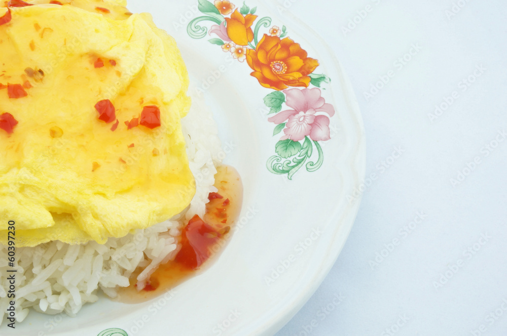Triangle omelette on rice with chill sauce Triangle omelette on rice with chill sauce