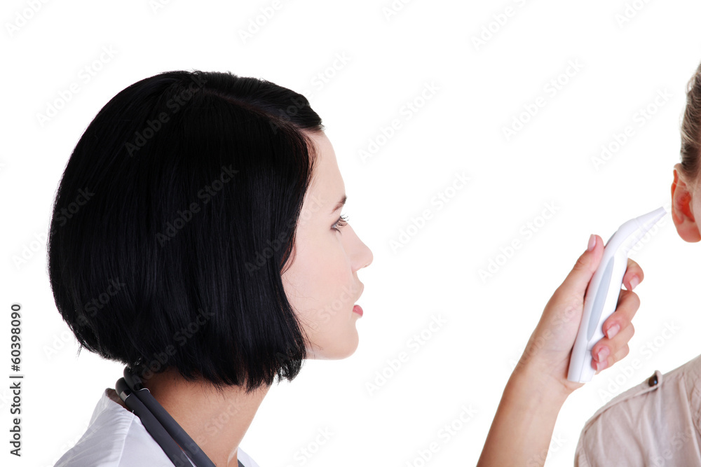 Female doctor checking temperature of her patient Female doctor checking temperature of her patient