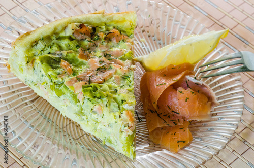 Homemade leek and salmon quiche