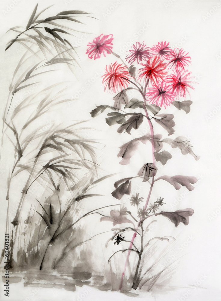 Fototapeta premium Chrysanthemum and bamboo