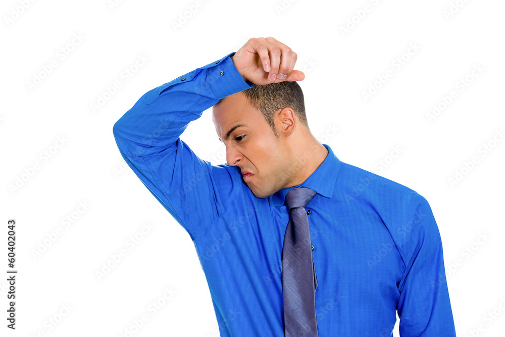 man, smelling, sniffing his wet armpit, something stinks man, smelling, sniffing his wet armpit, something stinks