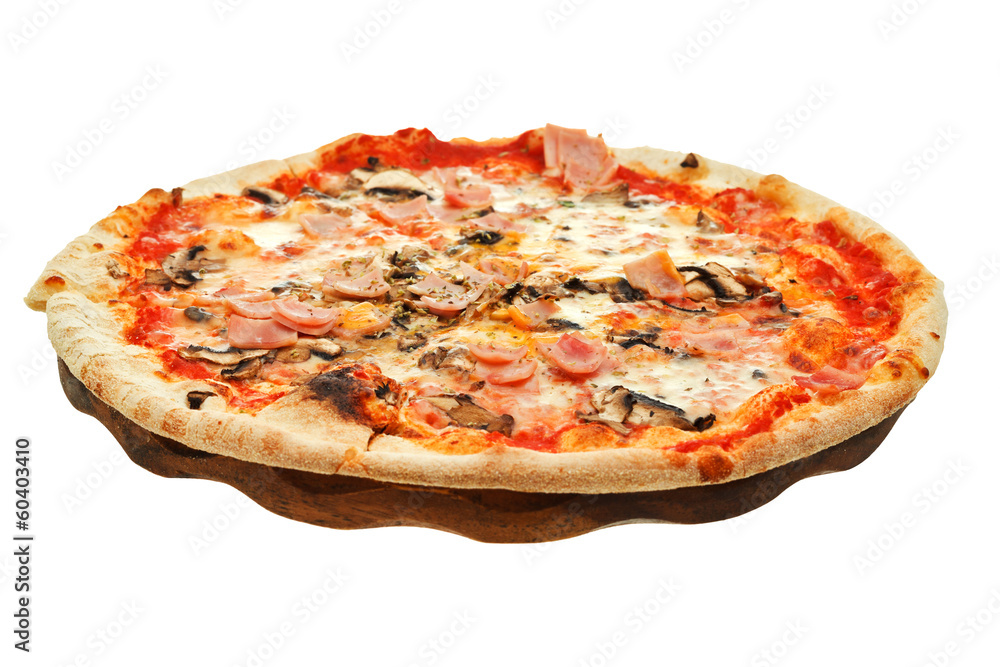 italian pizza with mushrooms and ham on wood board