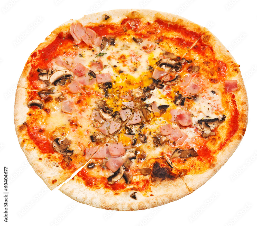 top view of thin pizza with mushrooms and ham