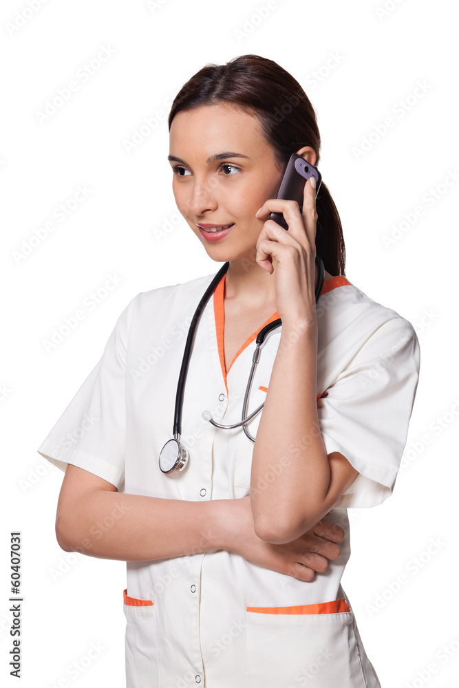 nurse or medicine student talking on the phone nurse or medicine student talking on the phone