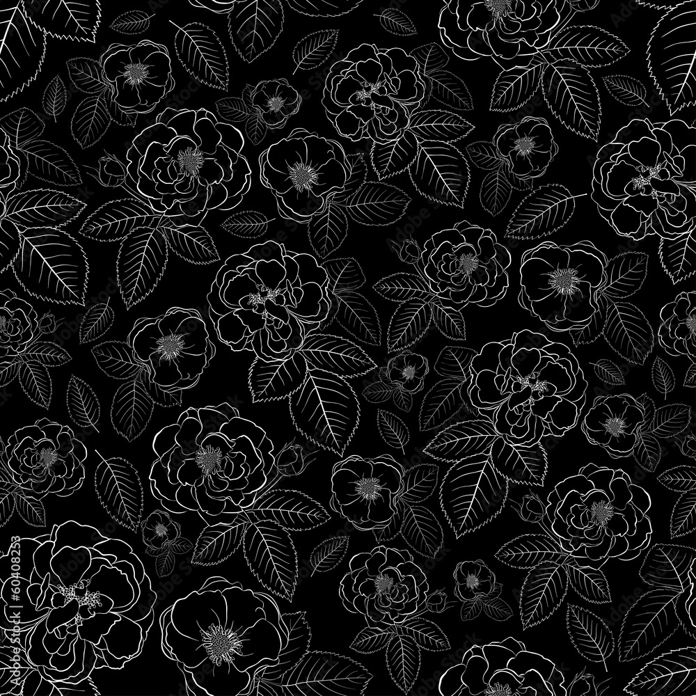 Seamless pattern of flowers, white on black Seamless pattern of flowers, white on black