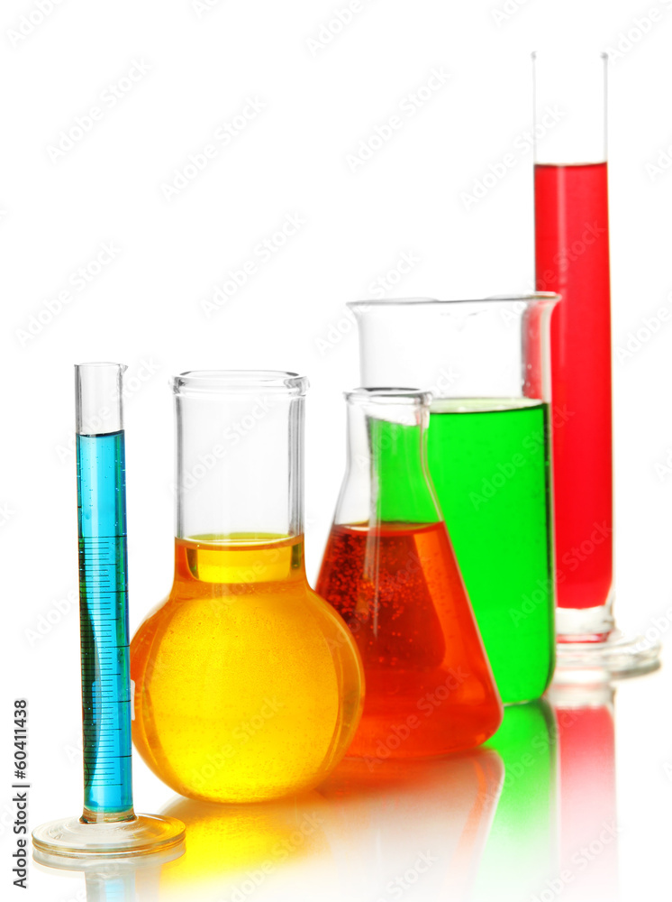 Test tubes with colorful liquids isolated on white Test tubes with colorful liquids isolated on white