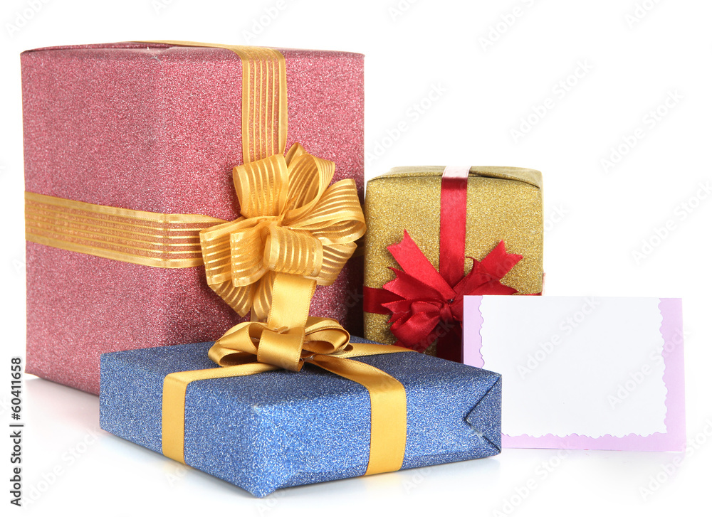 Gift boxes with blank label isolated on white Gift boxes with blank label isolated on white