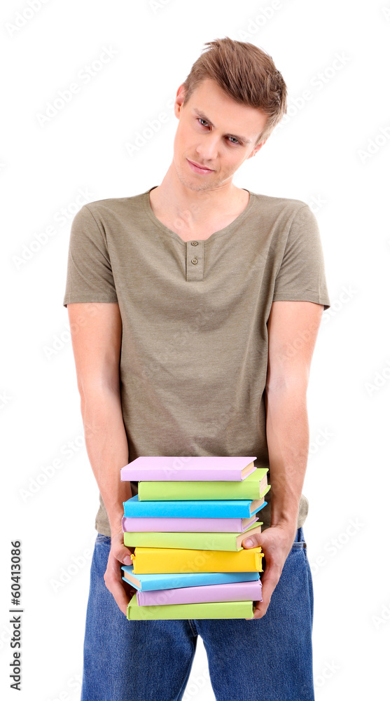 Handsome young man with books, isolated on white Handsome young man with books, isolated on white